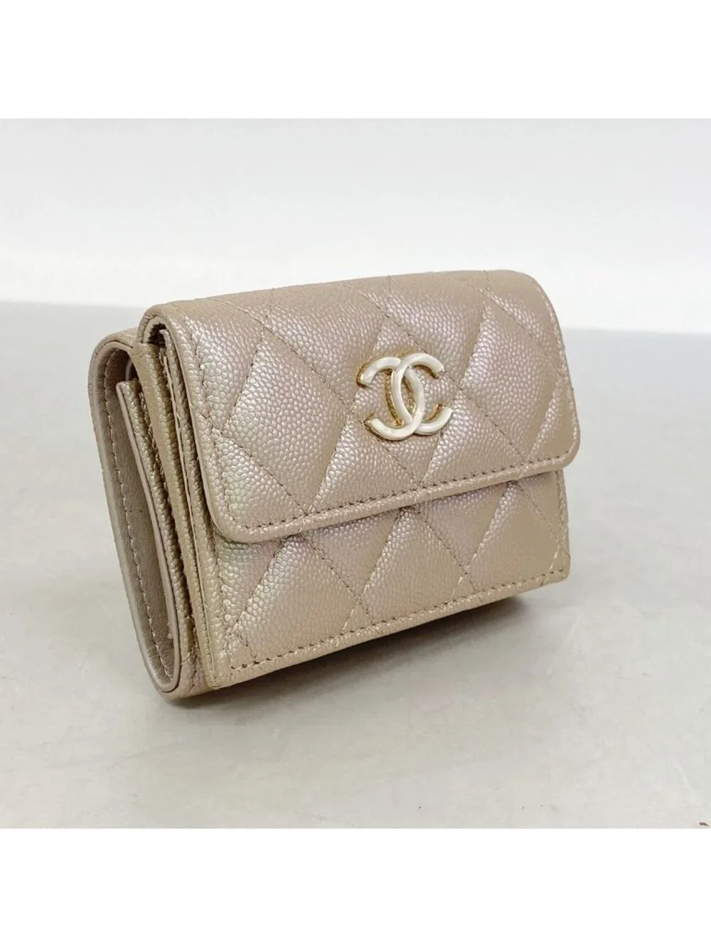 Chanel Trifold Wallet Caviar Leather Metallic Pink Champagne Gold